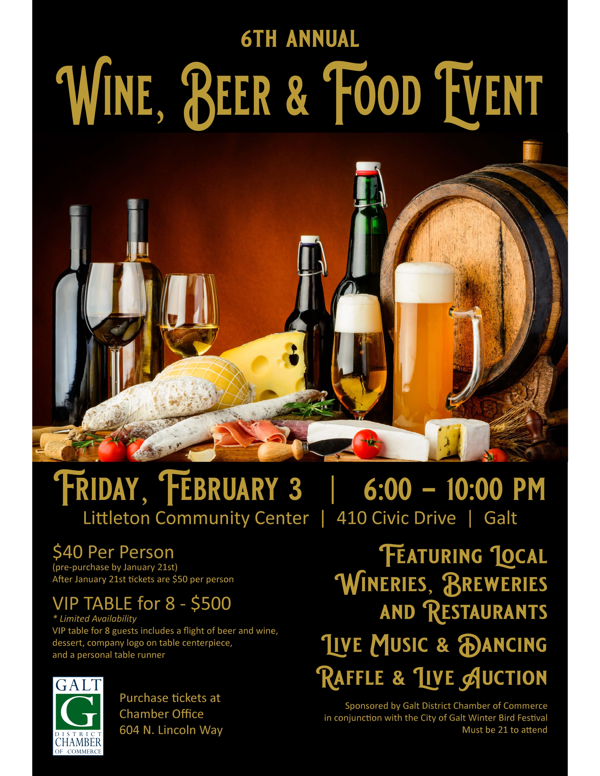 6th Annual Wine, Beer & Food Event, Friday, 2/3/2022, 6-10pm, 410 Civic Dr, Galt. Featuring local wineries, breweries & resta