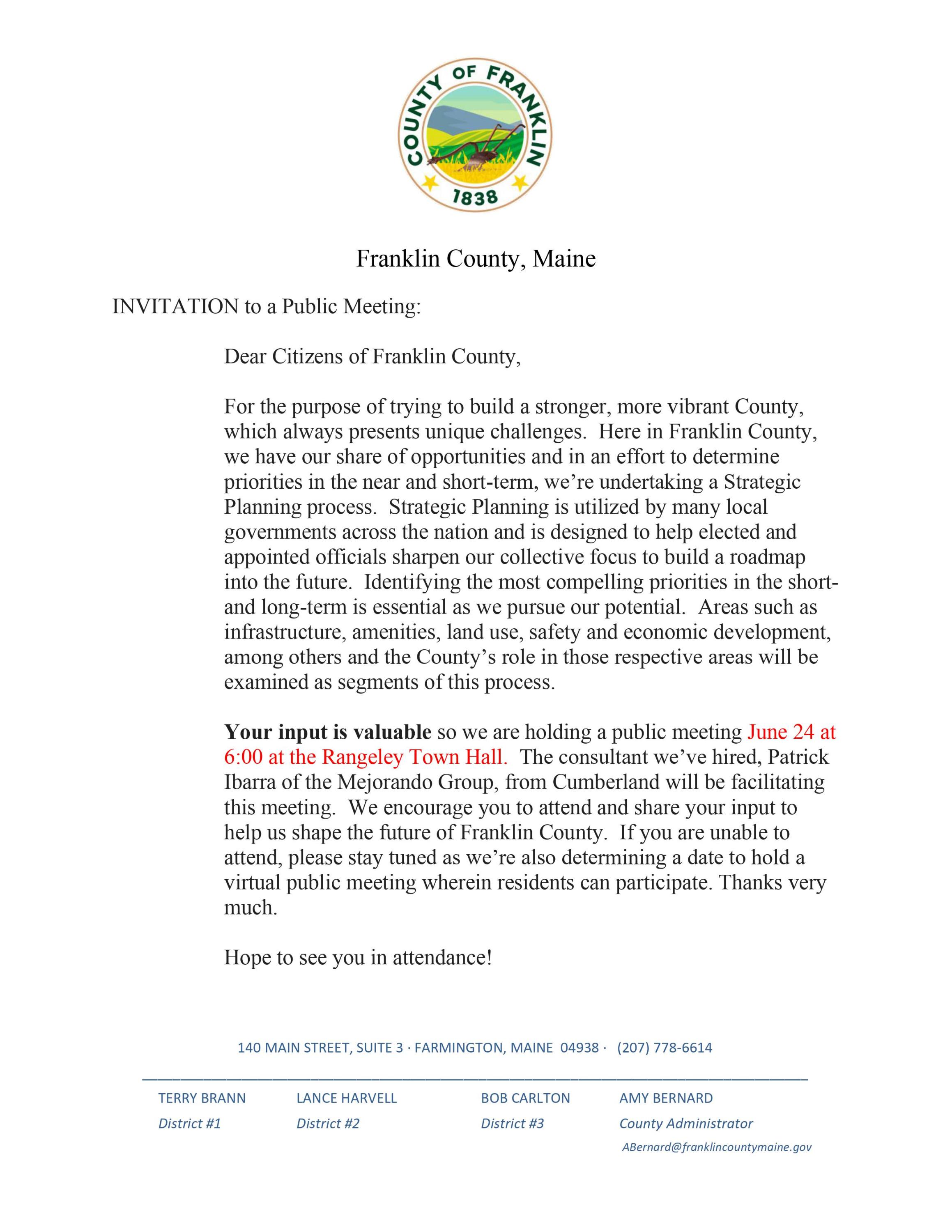 Franklin County Strategic Planning Public Meeeting Calendar Rangeley