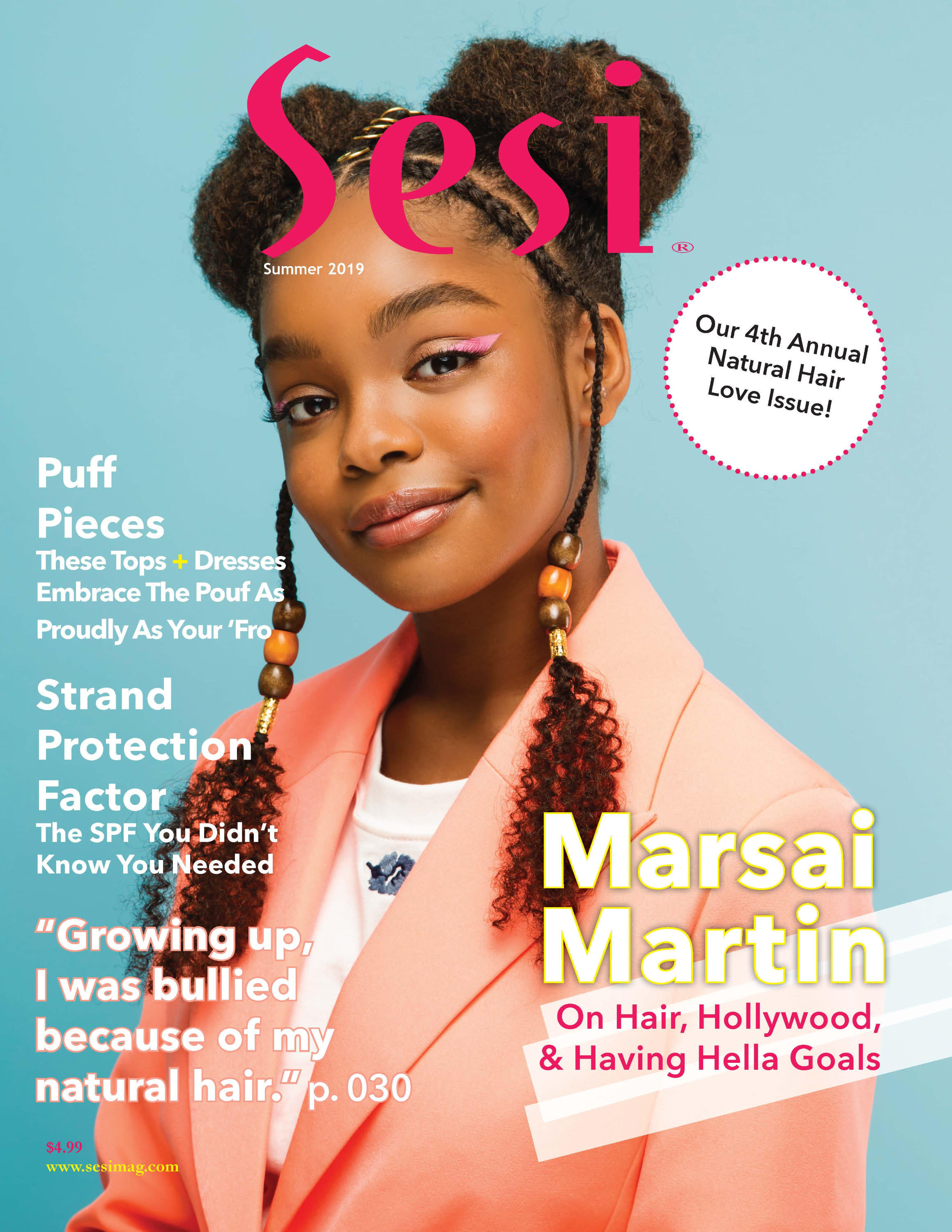 Marsai Martin on the cover of Sesi magazine. She's wearing two afro puffs with one long conrow on each side.