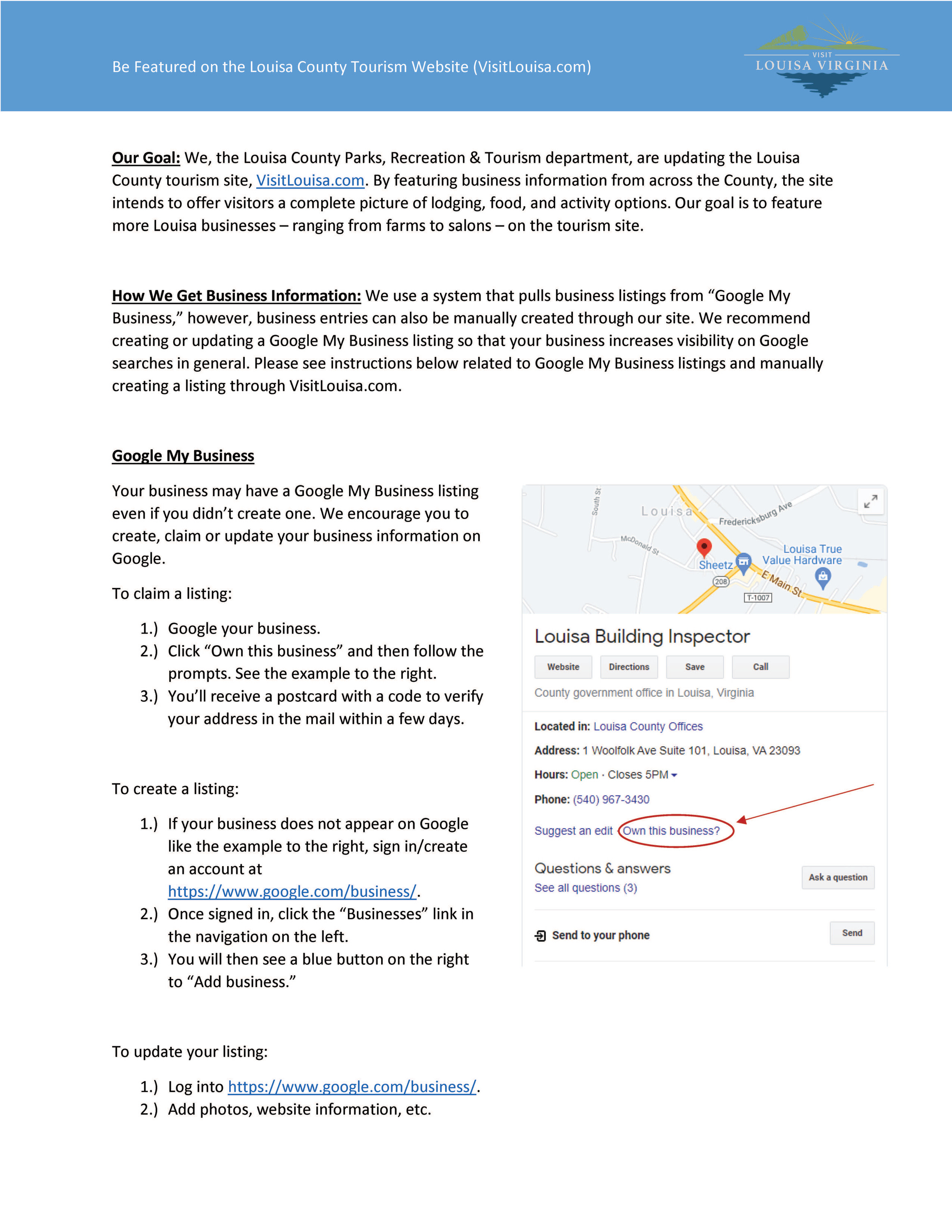 How to be Featured on the Louisa County Tourism Website (VisitLouisa.com), Page 1