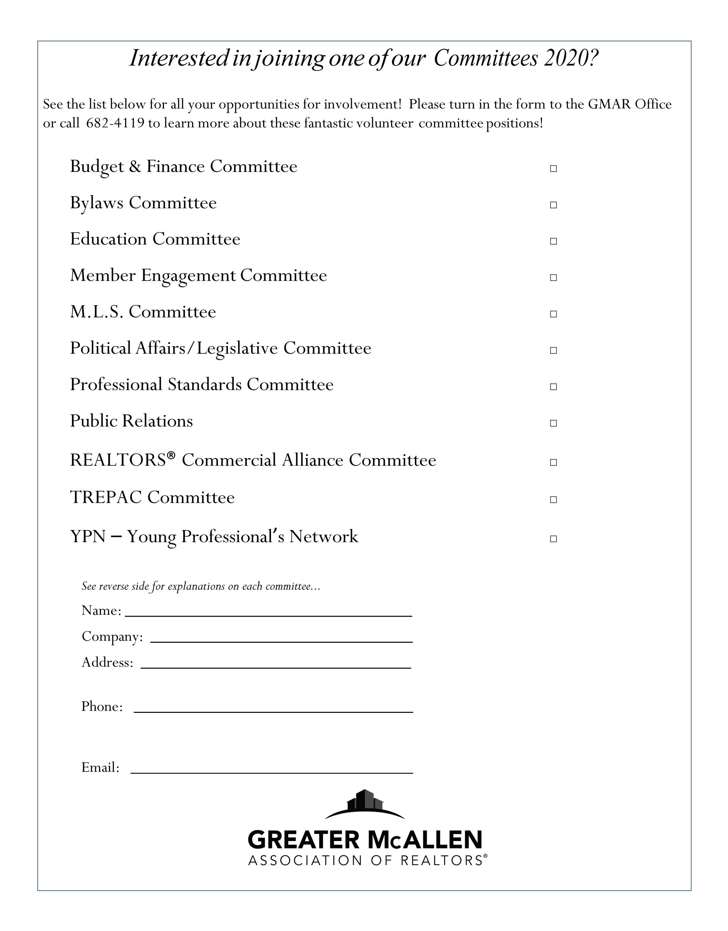 Join a committee! 2020 Greater McAllen Association of REALTORS® Committee Forms now available!