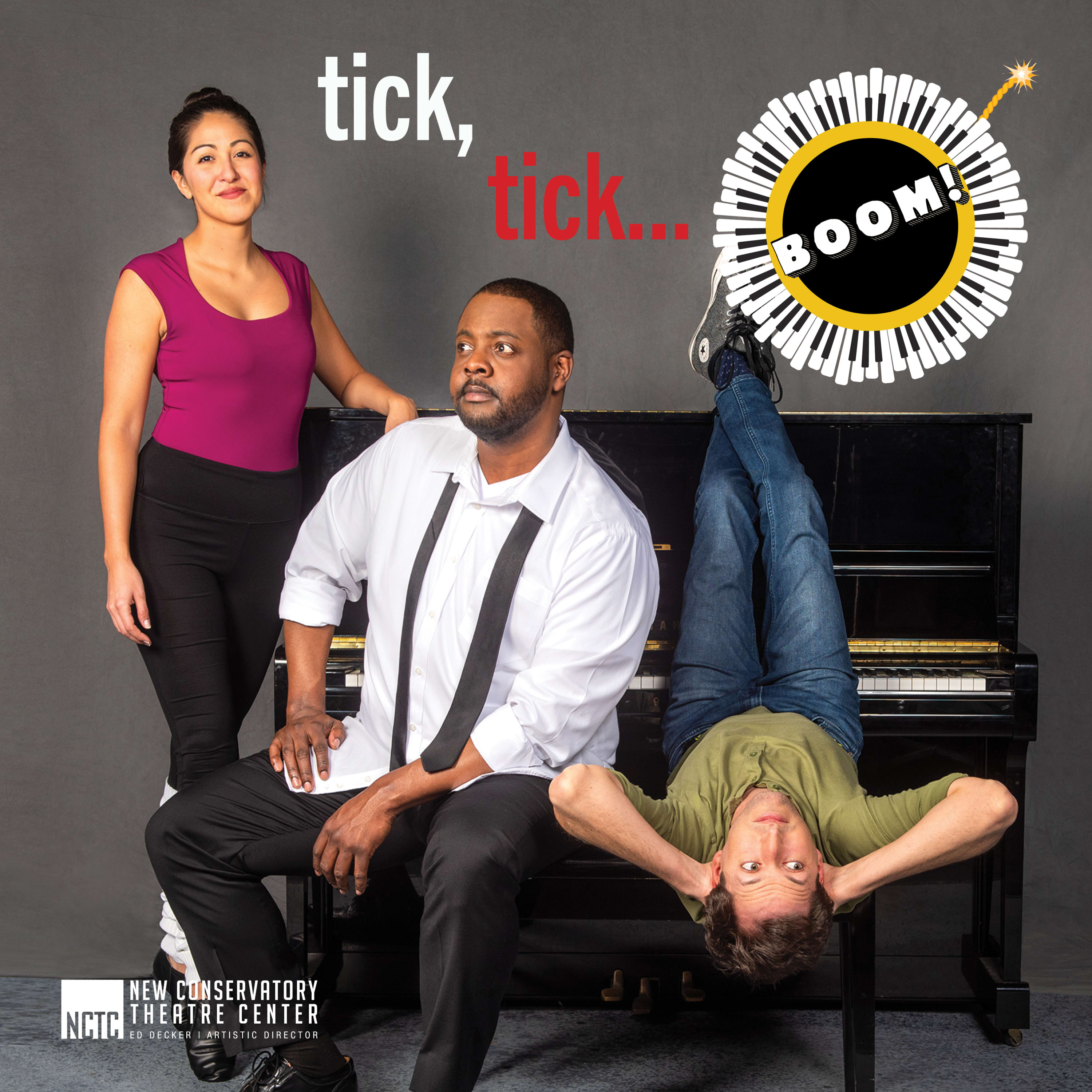 Photo of the three cast members of New Conservatory Theatre Center's show, 'tick, tick...BOOM!'. A woman stands