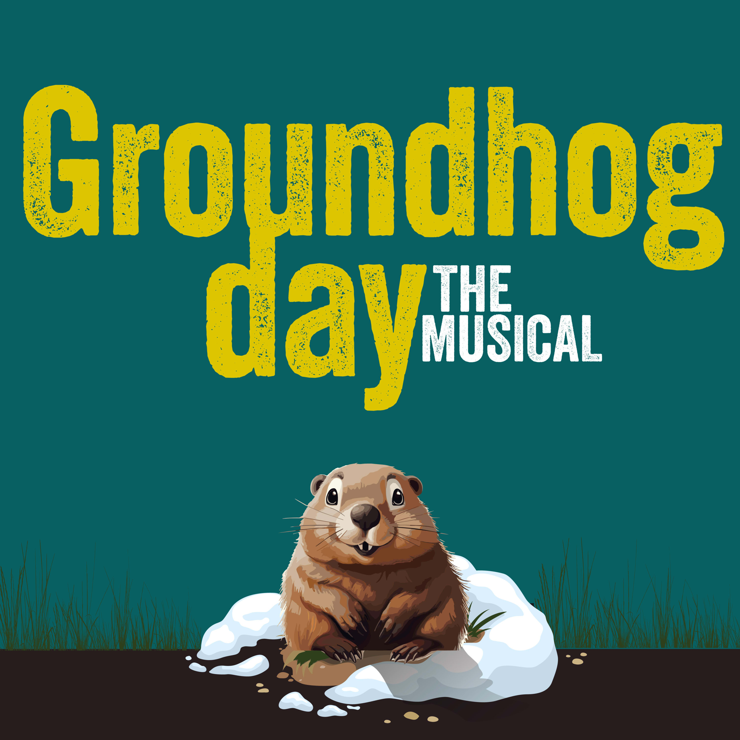 Groundhog popping up from a snowy bank with the words Groundhog day
