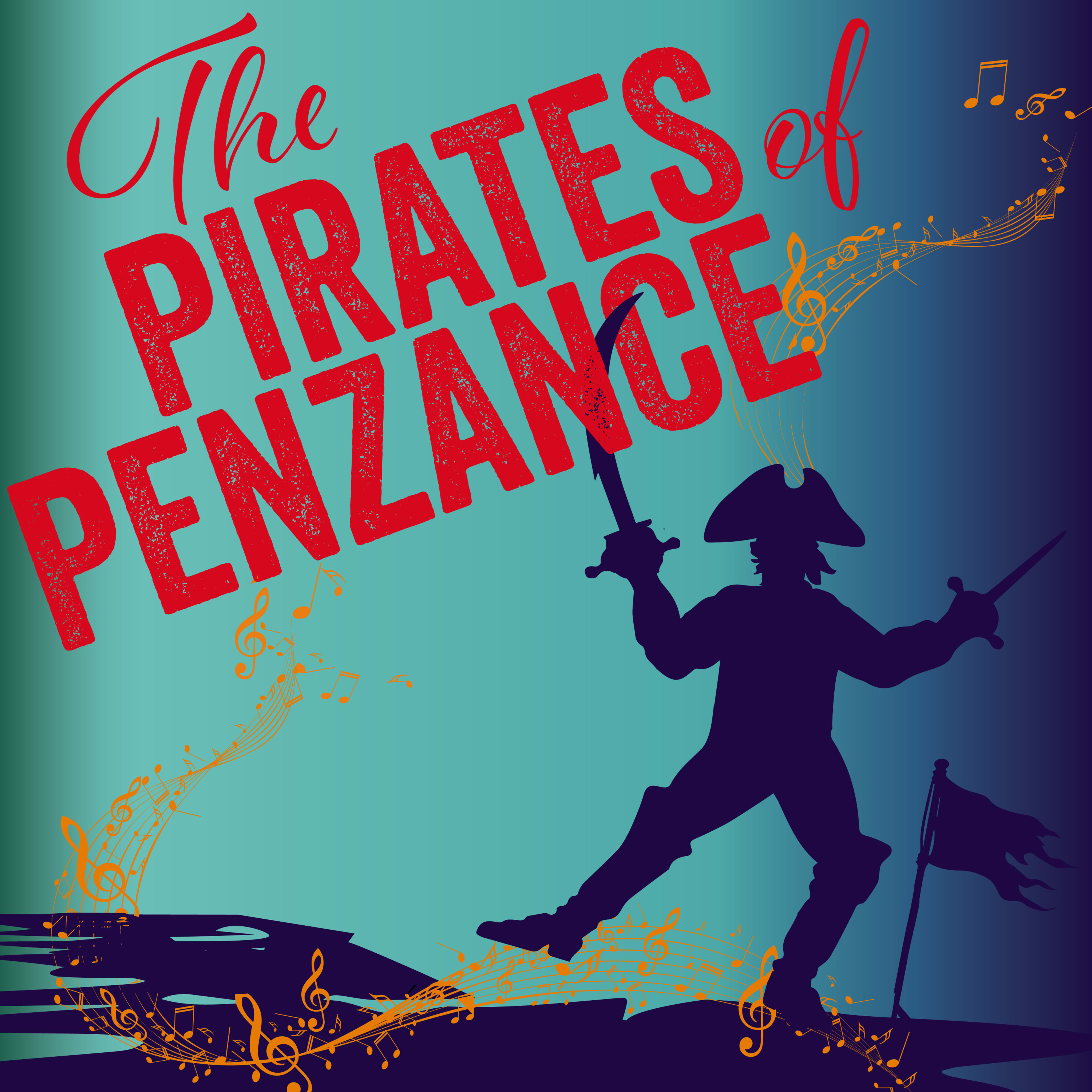 The Pirates of Penzance with a dancing pirate brandishing a sword.