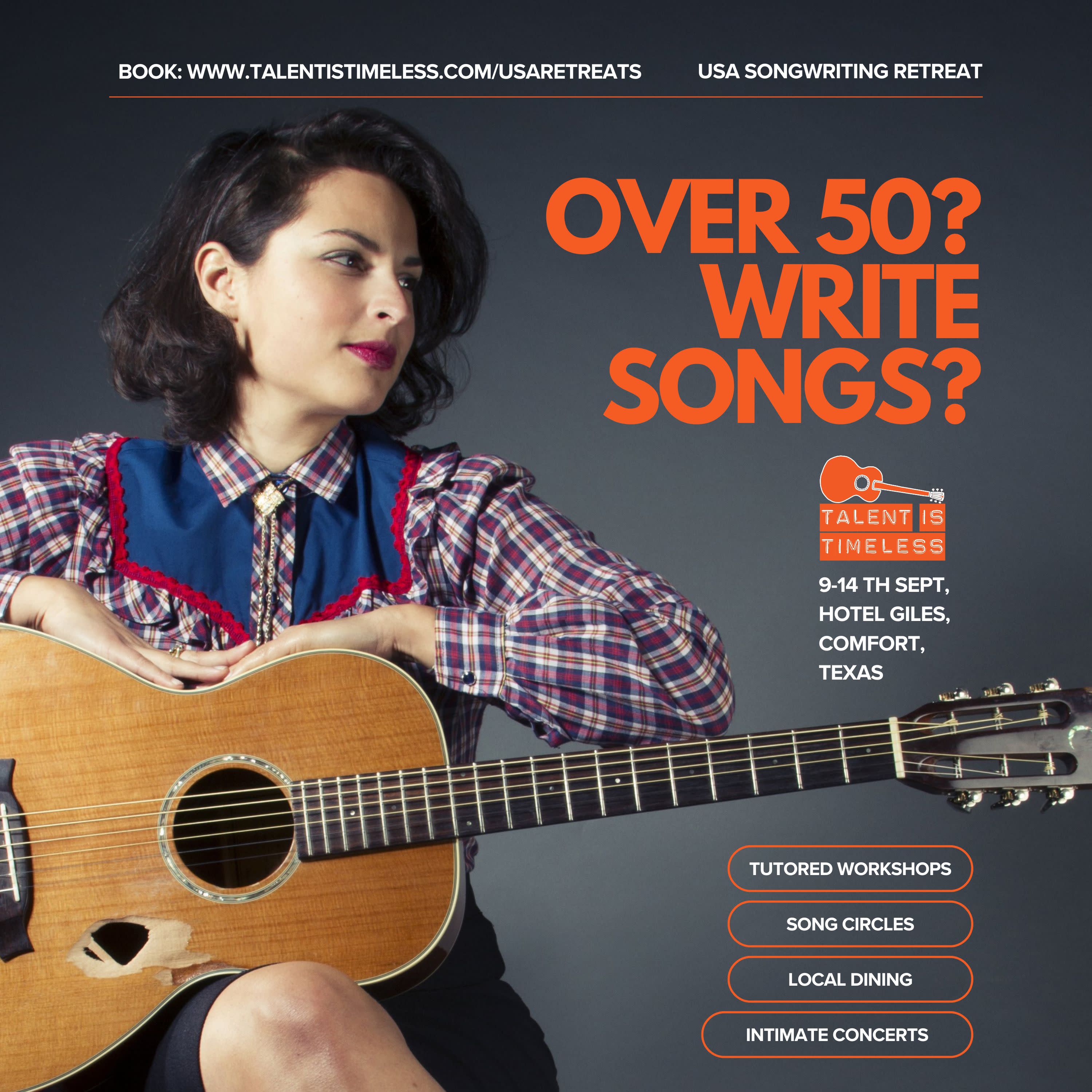 woman with guitar promoting Talent is Timeless songwriters workshop