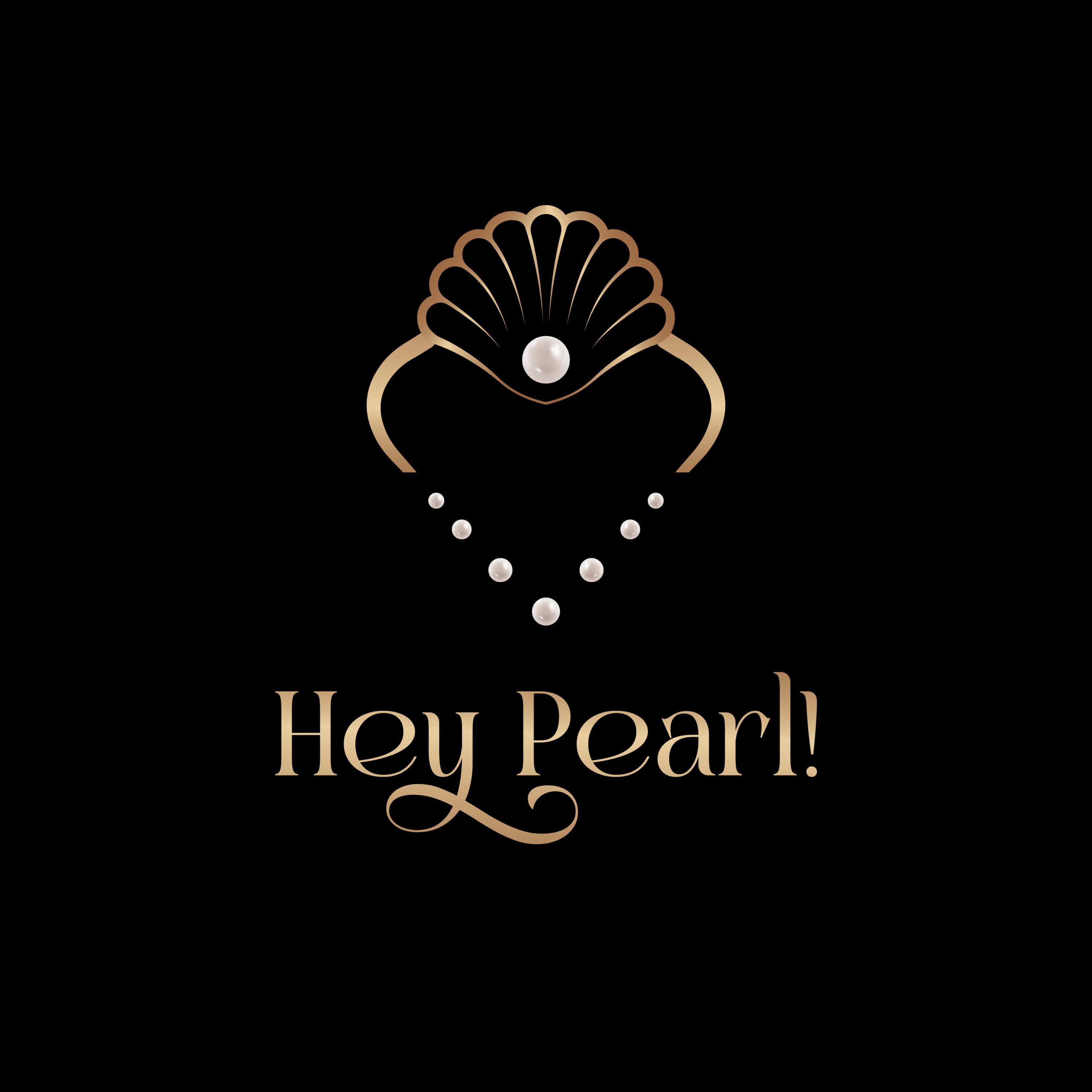 A logo image with a black background, in gold letters is “hey Pearl!” With a shell incorporating a string of pearls above it