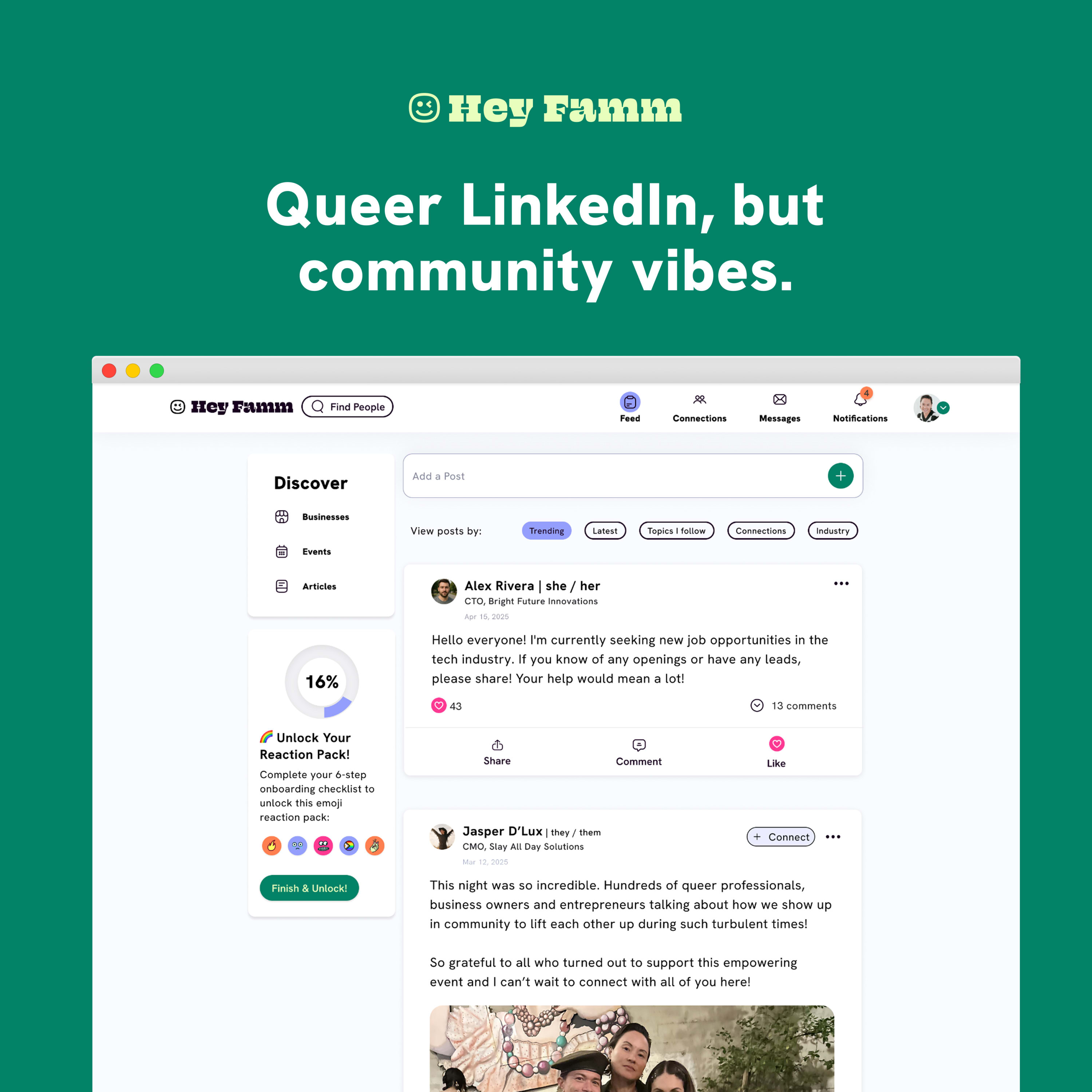 Web view of a browser with a feed of posts by lgbtq+ members along with some links to discover businesses, events and more.