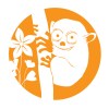 Orange and white logo of a tarsier holding onto a bamboo stick with a sampaguita and golden poppies next to it.