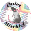 a white rat with gray markings and pink ears and tail on a rainbow background, surrounded by the words "Quiet Mischief"
