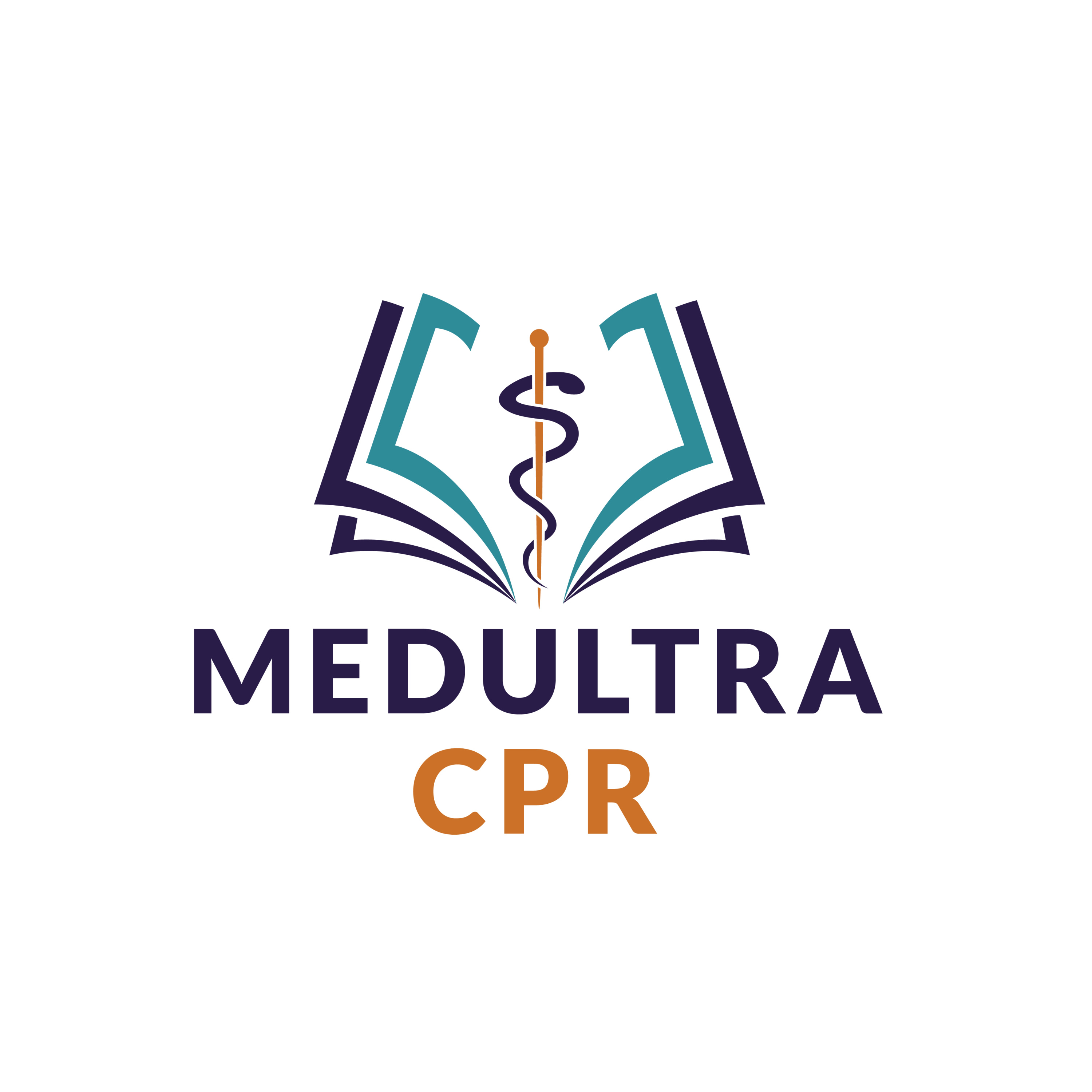 Logo for MedUltra CPR with a snake around a staff that serves as a verticle book spine and open page edges to both sides