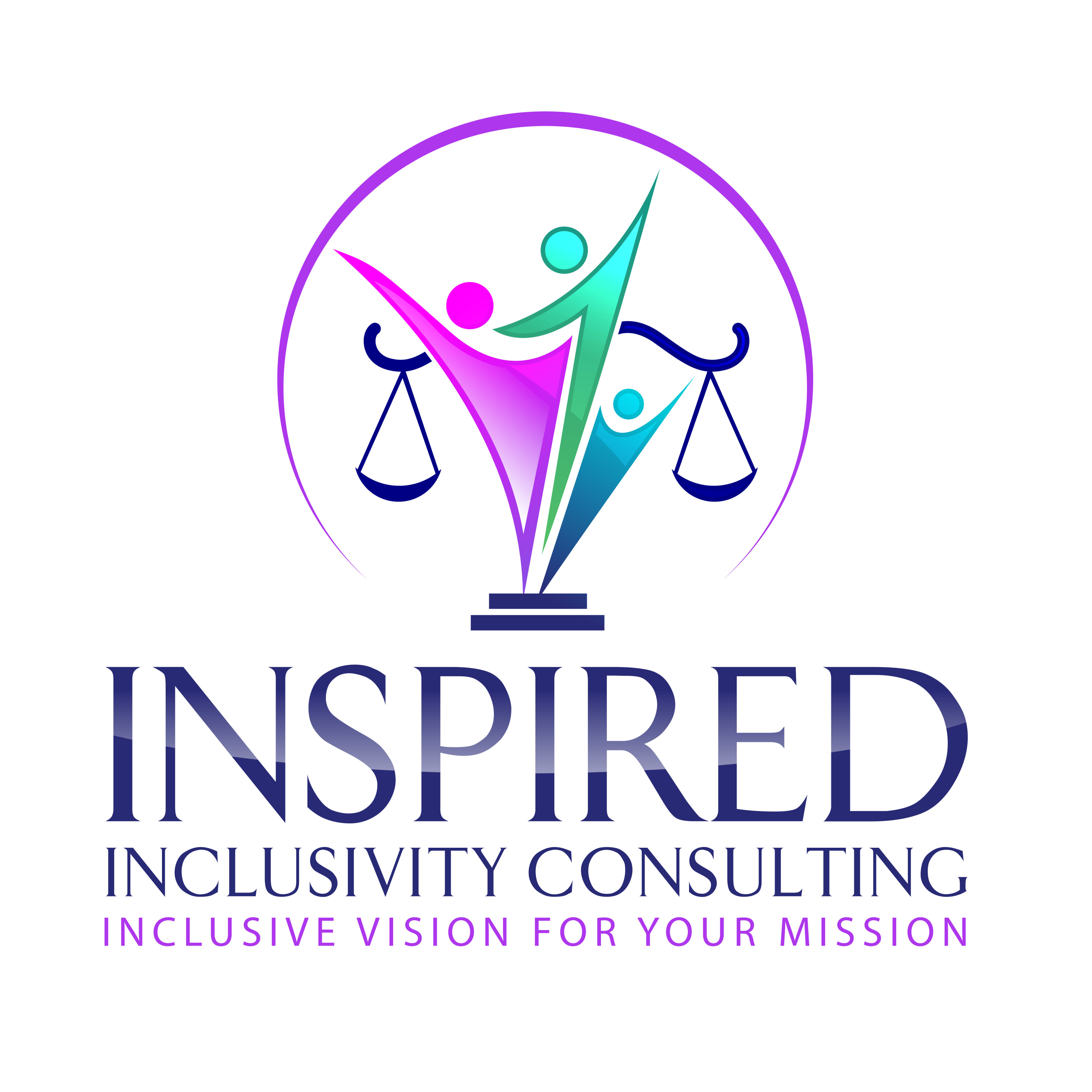 Logo: purple circle over 3 figures as a legal scale. Text: Inspired Inclusivity Consulting Inclusive Vision for your Mission