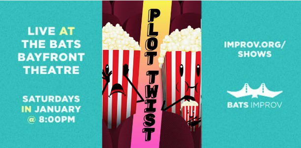 On left side "Live at the BATS BAYFRONT THEATRE SATURDAYS IN JANUARY @ 8PM" centered on teal background. Center on is two pop