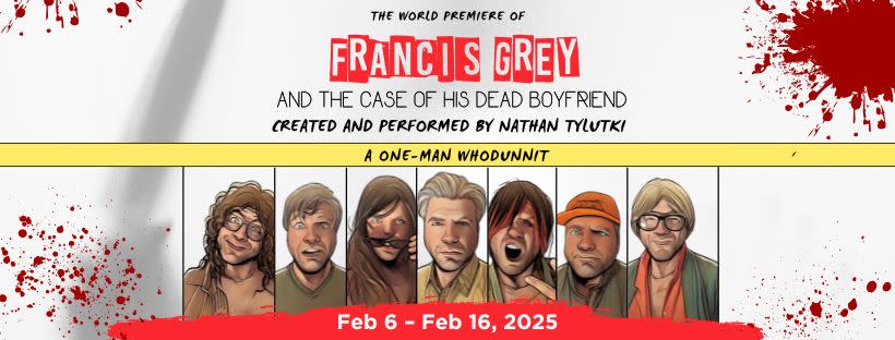 World Premiere of a one man who-dunnit you don't want to miss! Image is of the different characters in the show who are all s