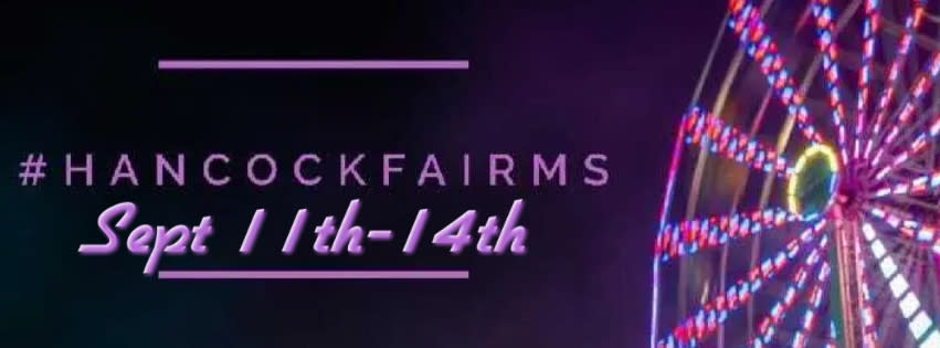 HancockFarmMS September 11th-14th black background with lighted ferris wheel featuring purple and blue lights
