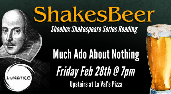 Classic illustration of Shakespeare on a green background, plus a foamy golden pint of beer