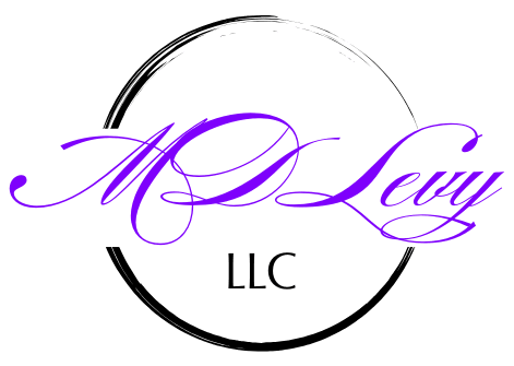 Black brush stroke circle with MDLevy in purple script font across the middle and LLC in black non-script font below it.