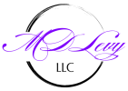 Black brush stroke circle with MDLevy in purple script font across the middle and LLC in black non-script font below it.