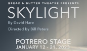 White text on a light grey background. Text: Bread & Butter Theatre Presents Skylight by David Hare directed by Bill Peters