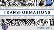 A white background, with snaking black squiggly lines throughout. A banner in the middle spells out "Transformations," with E