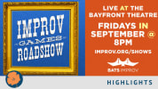 On left side "Improv Games Roadshow" in a gold frame with blue background. On the right side show info. Homegrown Highlight