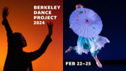 Two side-by-side images of female dancers: the first is silhouetted with arms raised against an orange background