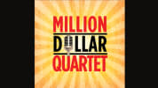 Million Dollar Quartet with a yellow and orange sunburst behind it