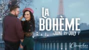White text over paris background that says "La Boheme" with the Cinnabar Theater logo on the lower right corner