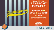 Left side the words "Theatresports TM" with grey and yellow alternating stripes and right side on orange background with whit