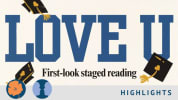 All caps blue collegiate font reads: "LOVE U." Words are decorated with black and gold graduation caps, adorned with hearts