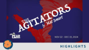Silhouette of Frederick Douglass and Susan B. Anthony with the title 'The Agitators by Mat Smart' in the center. Show run dat