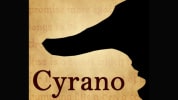 An enlarged profile silhouette of a man with a long nose on a gold background. "Cyrano" written in large text sits to the lef