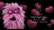 A fuzzy pink puppet with heart eyes looks out from a black and pink background with hearts and event information in white cur