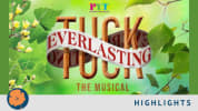 Tuck Everlasting The Musical logo with woodgrain text in front of a green leafy background