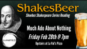 Classic illustration of Shakespeare on a green background, plus a foamy golden pint of beer