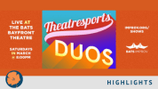 left side "Saturdays in April 8pm" Background blue with Theatresports TM across the top in baseball font. Duos in Yellow with