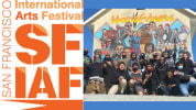 Homeless and unhoused poets gather together in front of a multicultural mural with the slogan "Homefulness"