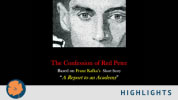 A theatrical poster for *The Confession of Red Peter*, inspired by Kafka’s *A Report to an Academy*. The image shows a man's