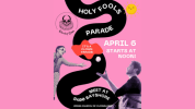Swirly black line in front with hot pink background  Holy Fools Parade