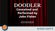 Red theatre curtains with the title DOODLER in the middle and the performer's name John Fisher. Homegrown achievement badge
