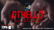 "Othello" in red digital clock text; two hands holding chess pawns, one black and one white