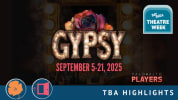 The word GYPSY in vaudeville style lights on top of a dusty rose with the words "September 5-21" alongside the Palo Alto Play