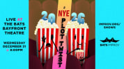 On left side "Live at the BATS BAYFRONT THEATRE WEDNESDAY, December 31 @ 8PM" centered on blue background. Center on animated