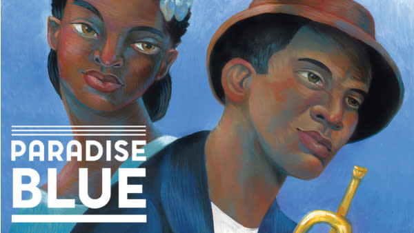 A painting of a black woman and black man on a blue background. She has a flower in her hair and he is wearing a fedora.