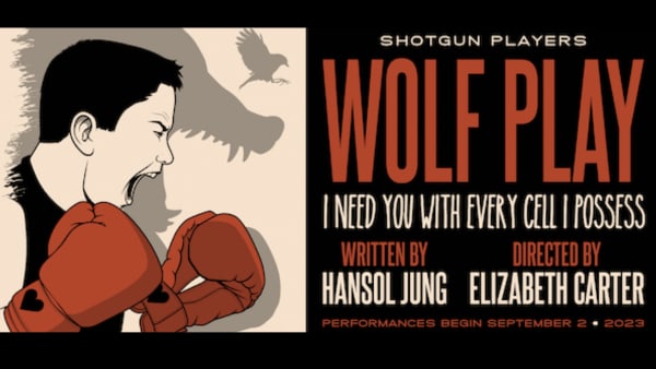 Wolf Play by Hansol Jung, Directed by Elizabeth Carter. A shadow of a wolf parallels a young boy with boxing gloves.