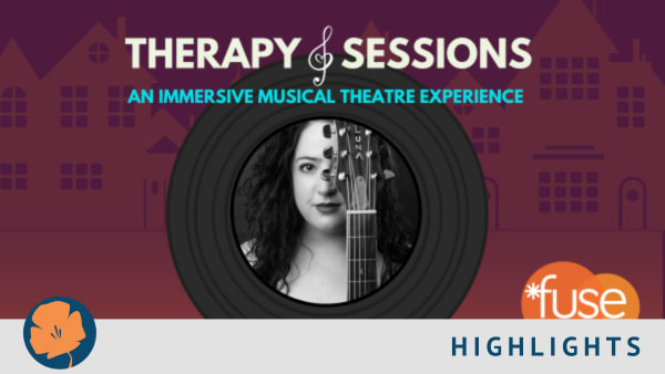Headshot of Melissa Modifer with guitar against a skyline background.  With text Therapy Sessions, an immersive theatre exper