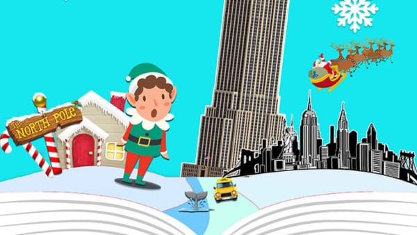 A cartoon elf standing on a book that has a pop up of the north pole and the NYC skyline