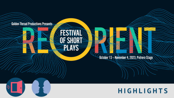 Multi-colored block letters spell "ReOrient" on a black background with wavy blue lines.