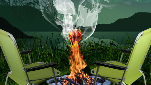 A graphic of two camp chairs around a campfire strewn with empty beer bottles and red, plastic cups.