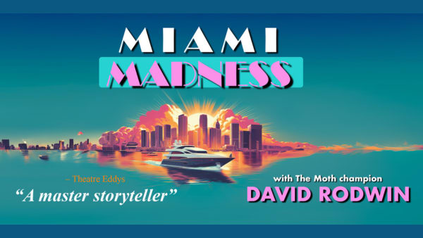The title, Miami Madness, above a luxury mega yacht cruising over the waters in front of the Miami sklyline at sunset