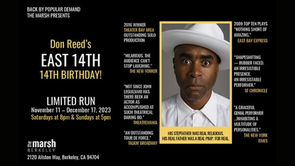 East 14th title and review quotes in white and yellow text on black background beside Don Reed in white outfit and hat.